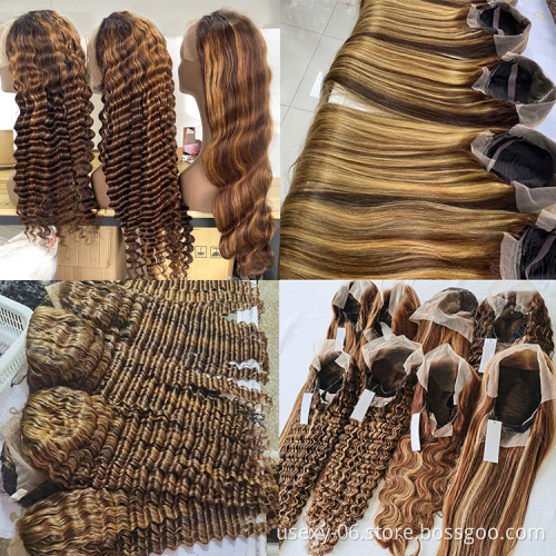 Highlight 1B Honey Brown Color Straight Human Hair Lace Front Wig Virgin Brazilian Hair Highlight Wig Transparent HD Frontal Wig